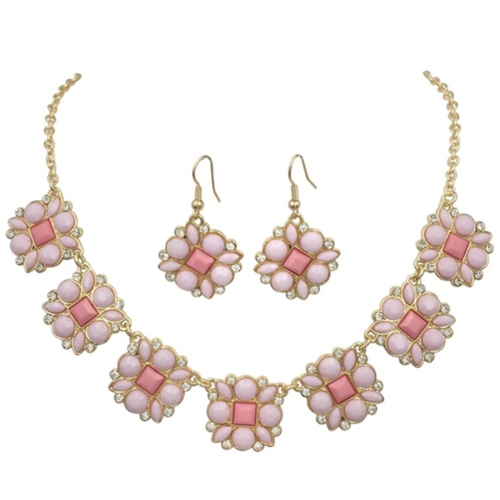 Pink Squares Rhinestone Necklace Earrings Set